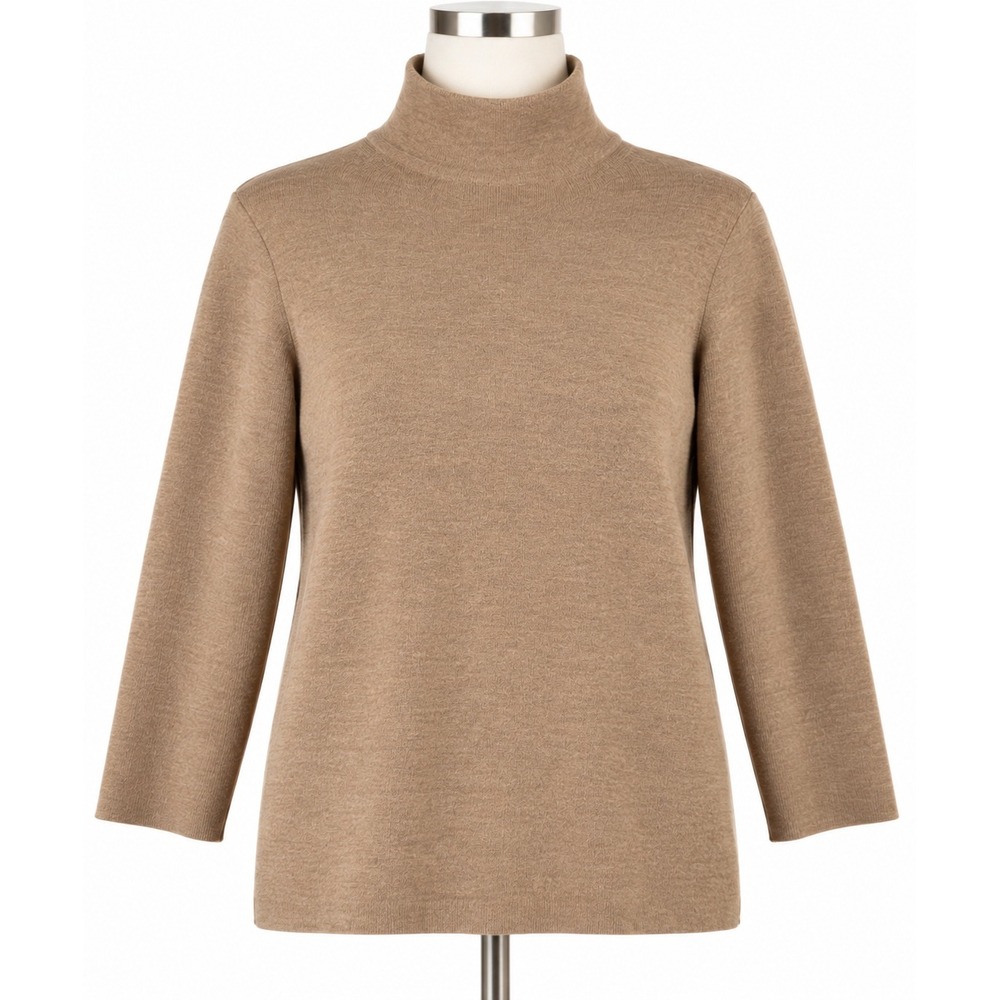 Eileen Fisher Merino Wool Turtleneck Sweater M Camel Tunic Side Slit